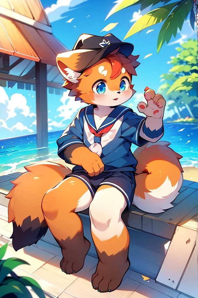 Male Red Panda，Ocean，Appearing in a sailor uniform！One person estrus period，sit，