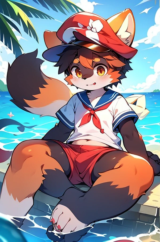 Red Panda Boy,8k resolution,Furry, Ocean,Sailor suit,Red collar,Two legs,Stand up on your own two feet! Towering,spindly,spindly,:slim body,:tall