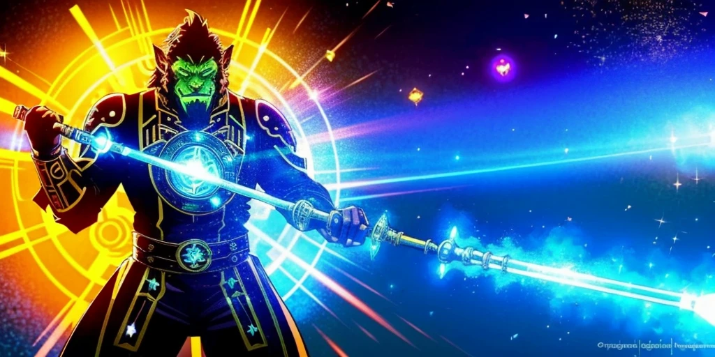 Ancient anime style, artbook, comicbook, RPG, futuristic medieval, steampunk.  A magical secret agent man orc gorilla, wearing a modern and elegant thin suit with glowing magic circuits, dynamic gorilla pose, full body, green ork face with glowing magic tribal tattoos with warm tones, gorilla features, gorilla tail, fur of gorilla in orc ears, glowing eyes, using a technological magic long staff with glowing magic circuits.  A metropolis of a kingdom of an ancient civilization with advanced technology, with tall buildings with neon details, mixing technology with magical vegetation, steampunk.  Wide scenery, cinematic scene with several layers of depth, dynamics, magical lighting.