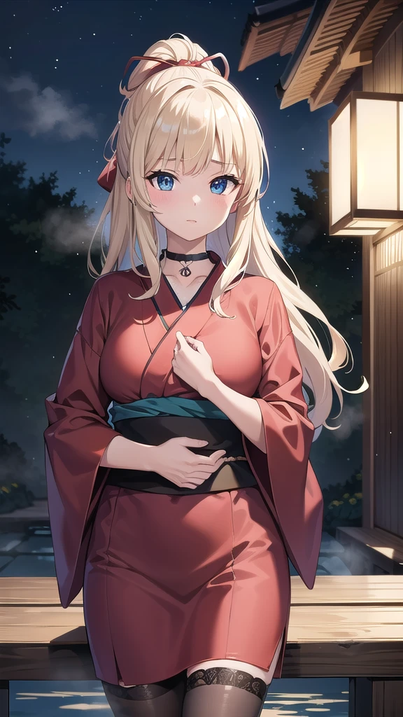 beatrixamerhauser, beatrix amerhauser, long hair, blue eyes, blonde hair,ponytail, (medium breast:1.2), BREAK japanese clothes,red kimono,wet kimano, yukata,cleavege,neckline,black choker, BREAK looking at viewer, BREAK outdoors, onsen,night,steam,wet,stars,starfall,hot water, BREAK (masterpiece:1.2), best quality, high resolution, unity 8k wallpaper, (illustration:0.8), (beautiful detailed eyes:1.6), extremely detailed face, perfect lighting, extremely detailed CG, (perfect hands, perfect anatomy),full body,transparent kimano,long legs,from below,fishnet stockings,