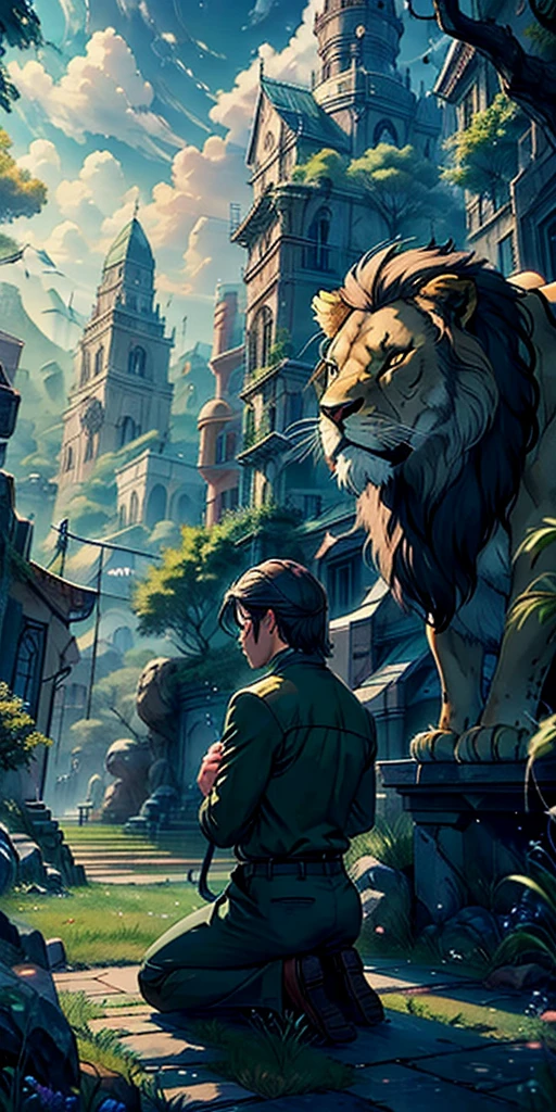 In a green field a man kneeled piously praying and a fierce lion surrounded him