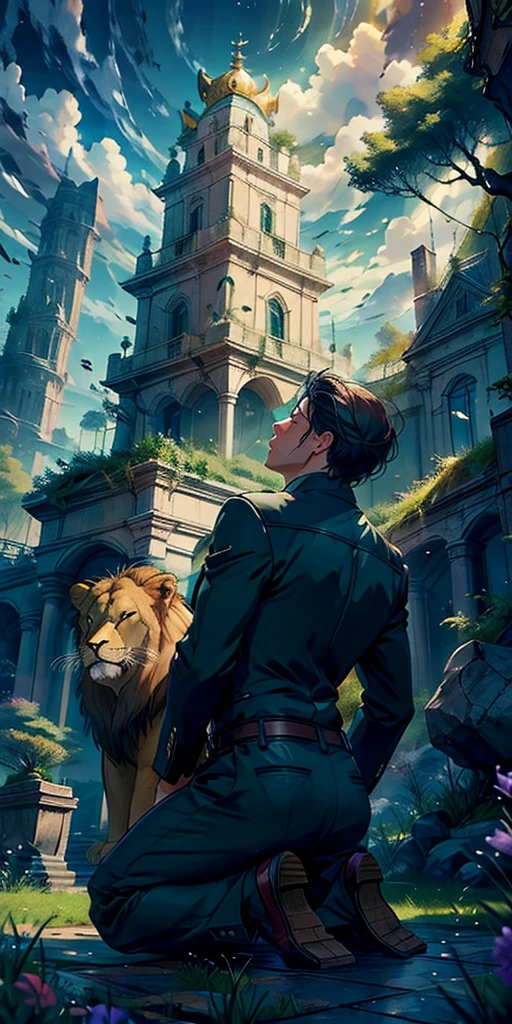 In a green field a man kneeled piously praying and a fierce lion surrounded him