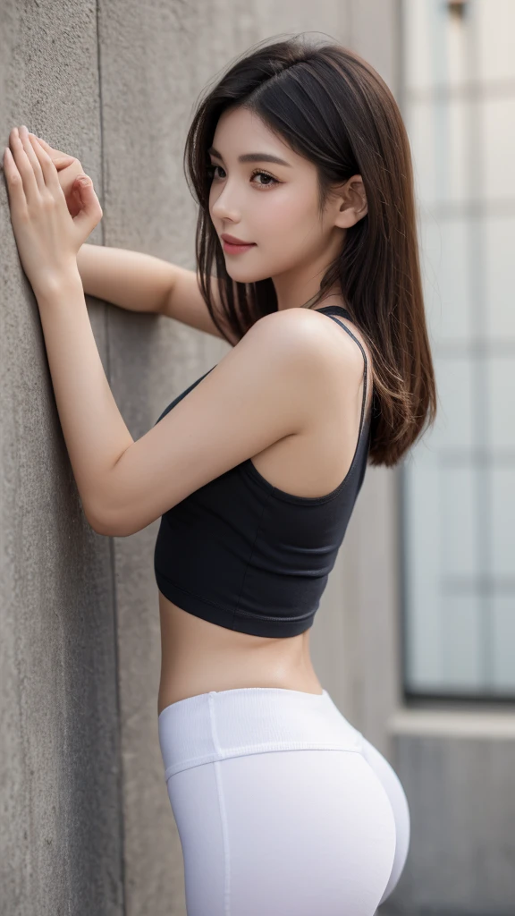 ((Best Quality, 8K, Masterpiece: 1.3)), 1girl, Slim Abs Beauty: 1.3, (Casual hairstyle, :1.2), tank top with bra inside that enhances cleavage, super fine face, Delicate eyes, Double eyelids, teasing smile. Take pictures in cute poses, very low figure, small waist, (big breasts: 1.2), close-up, close-up, beautiful background, perfectly shaped cleavage, breast enhancement, perfectly applied e-girl make up, vietnamese model, intricate details, yoga pants, perfect body, mouth open, perfect breasts, heavy make up, perfect ass in yoga pants, half side view, leaning on a wall, cleavage visible