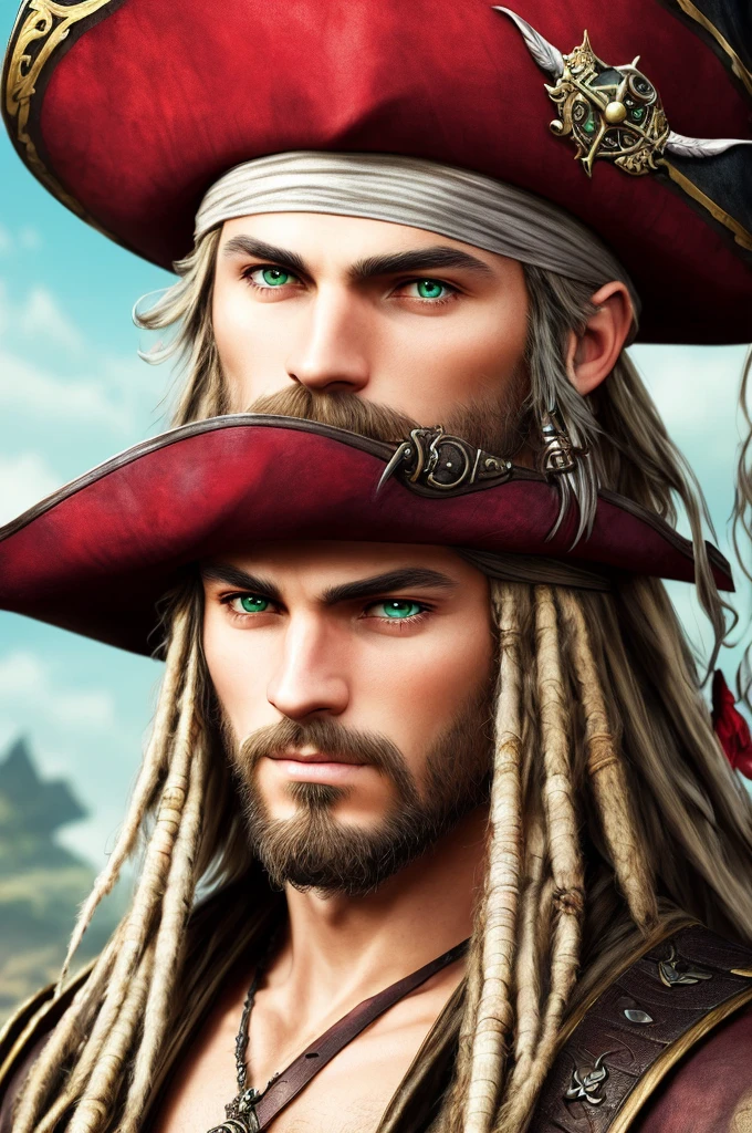 a young man, green eyes, long silver hair, pirate clothing, wide-brimmed hat with red feathers, (best quality,4k,8k,highres,masterpiece:1.2),ultra-detailed,(realistic,photorealistic,photo-realistic:1.37),detailed facial features, intricate pirate outfit, dramatic lighting, cinematic perspective, vibrant colors, fantasy, dramatic pose