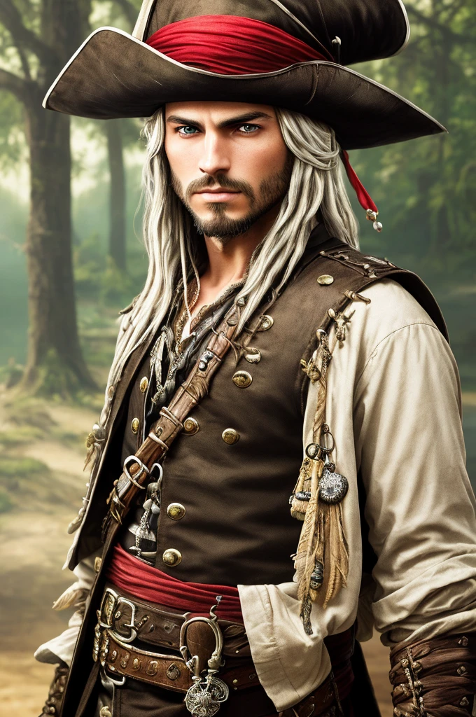 a young man, green eyes, long silver hair, pirate clothing, wide-brimmed hat with red feathers, (best quality,4k,8k,highres,masterpiece:1.2),ultra-detailed,(realistic,photorealistic,photo-realistic:1.37),detailed facial features, intricate pirate outfit, dramatic lighting, cinematic perspective, vibrant colors, fantasy, dramatic pose