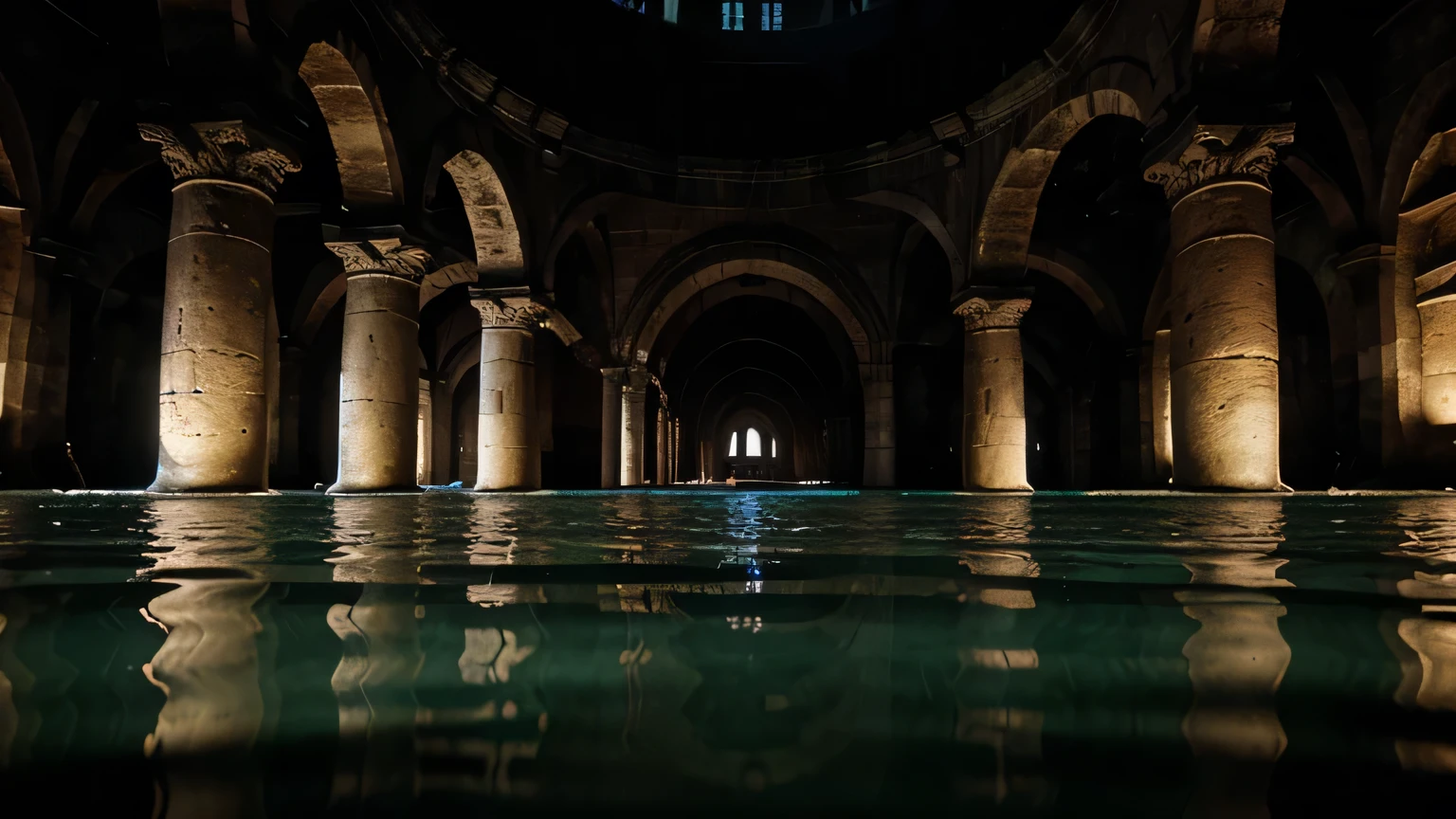 A colossal underground cistern, similar to the Basilica Cistern but immensely larger. A wooden raft floats in the center of the room, amid clear, transparent waters. The vast chamber is supported by towering, ancient stone columns that rise from the water, their medieval architecture perfectly reflected in the pristine, serene waters. This cistern is very, very giant, very old, and half flooded, offering an epic glimpse into a grand and mysterious past. The room is very, very dark, adding an eerie, otherworldly ambiance.
