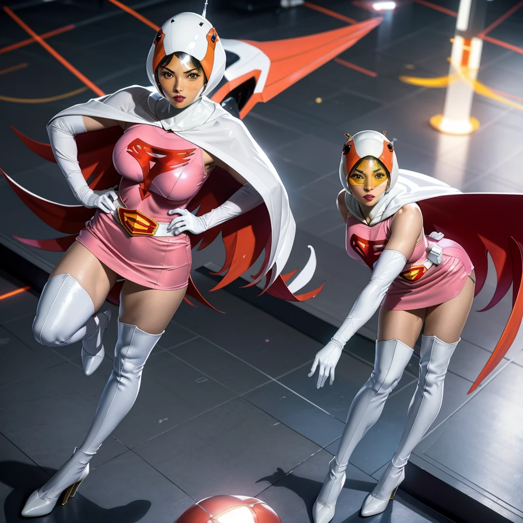 ANI_CLASSIC_jun_gatchaman_ownwaifu,1girl, 15 years old,good anatomy, masterpiece, best quality,realistic, hyper realistic, 16k hdr, long hair,breasts,lips,large breasts,lipstick,makeup,gloves,cape,helmet,belt,elbow gloves,white gloves,mask,ultra miniskirt,leotard,spacesuit,white tight overknee highheels boots,pink dress,superhero,bodysuit,cleavage,erected nipples,(stand pose,hands on hip),(spread legs:1.1),cameltoe