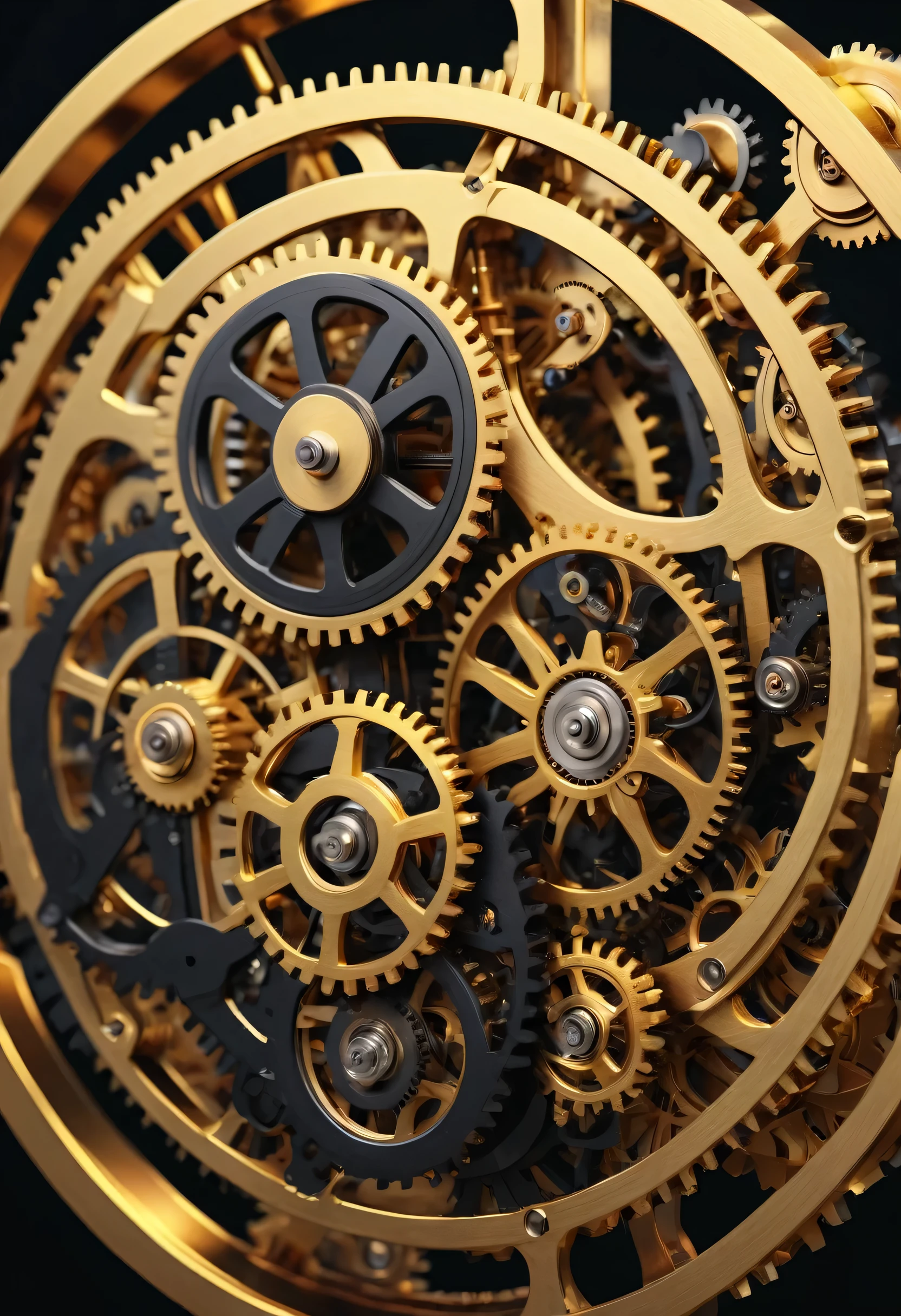 a highly detailed mechanical clockwork mechanism, intricate gears and components, gold, brown, and black colors, ultra-detailed 4k resolution, sharp edges, photorealistic, detailed engineering, precision machinery, complex design, mechanical precision, industrial aesthetic