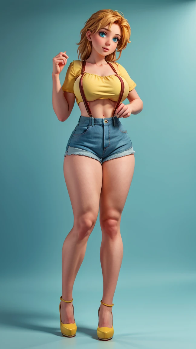 8K, Ultra HD, Super details, high quality, high resolution. The heroine Mist looks beautiful in a full body photo, her body is sculptural. Her bright blue eyes mesmerize everyone. She is wearing a yellow mini-blouse, denim shorts with a red suspender. She looks very sexy, drawing attention to her big breasts and thick legs.