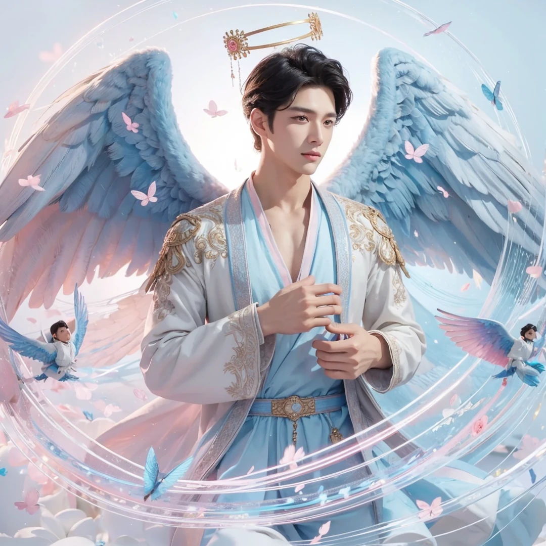 Handsome boy, black hair, brown eyes, blue and pink wings