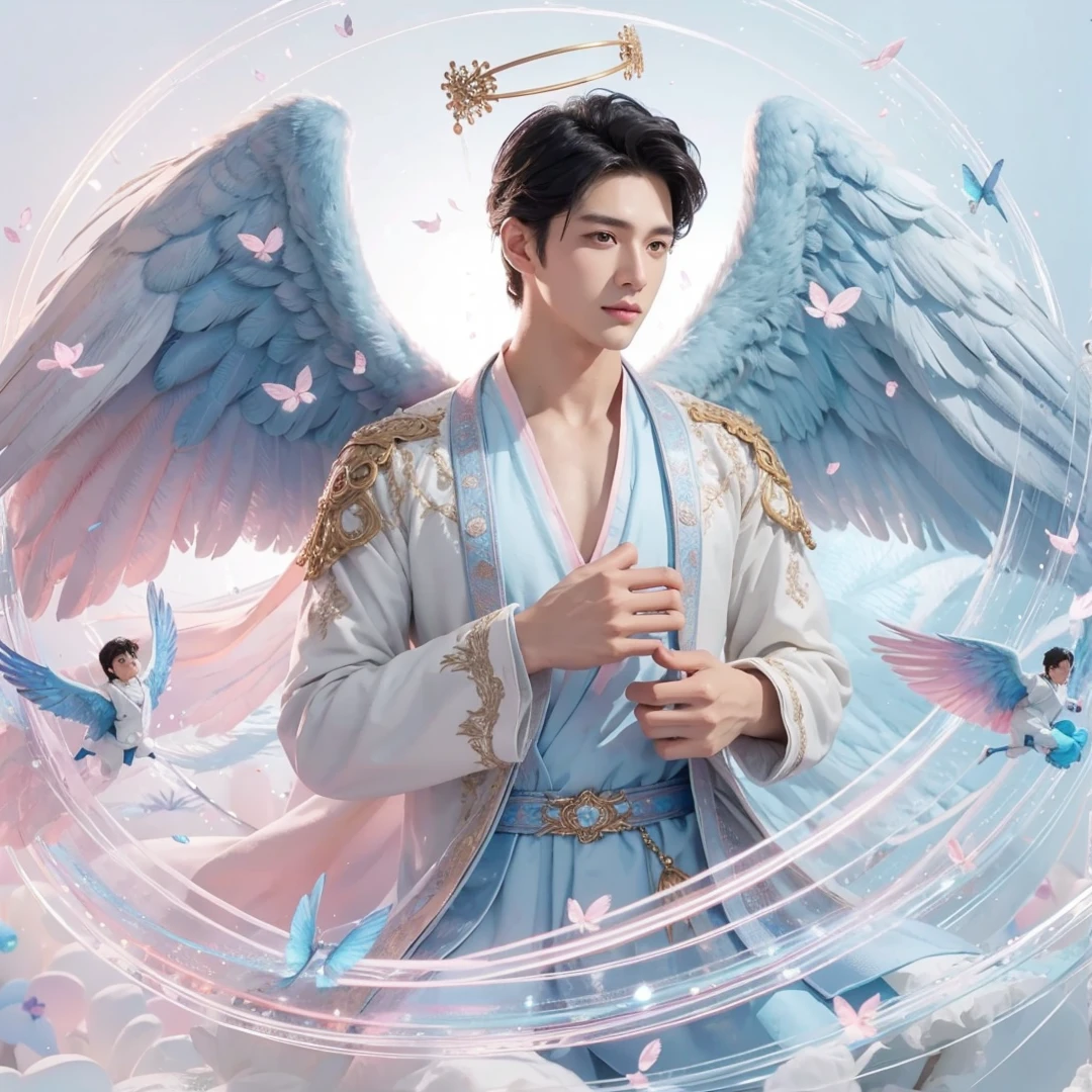 Handsome boy, black hair, brown eyes, blue and pink wings