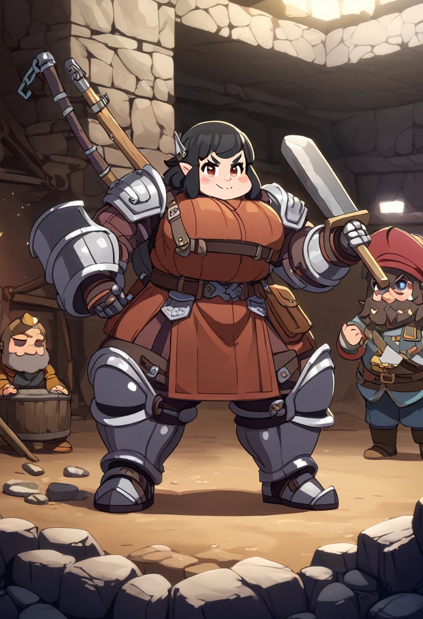 dwarf girl, engineer, muscular body, short stature, Heavy armor, dark hair, big hammer, heavy musket behind my back, underground forge, 