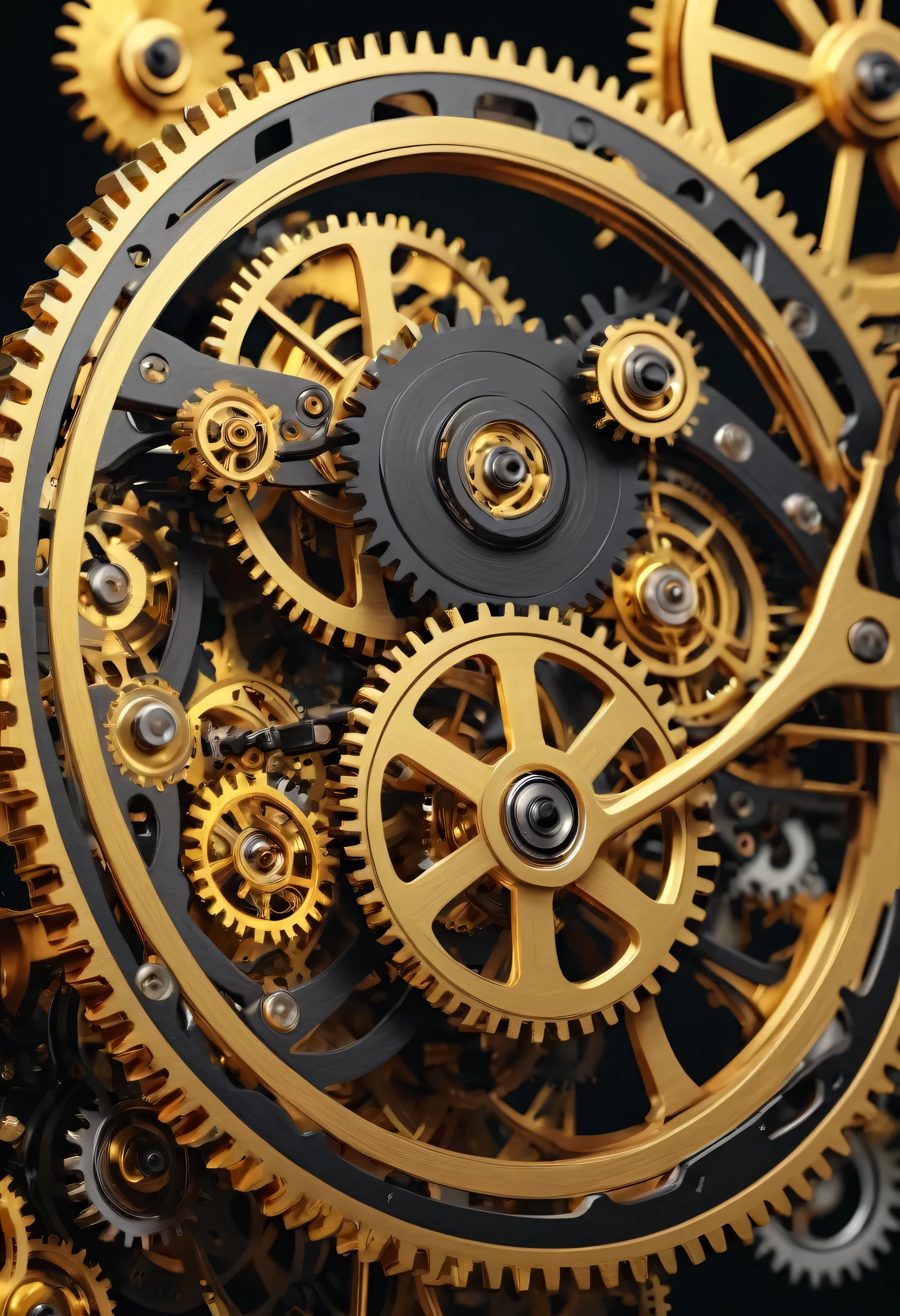 a highly detailed mechanical clockwork mechanism, intricate gears and components, gold, brown, and black colors, ultra-detailed 4k resolution, sharp edges, photorealistic, detailed engineering, precision machinery, complex design, mechanical precision, industrial aesthetic