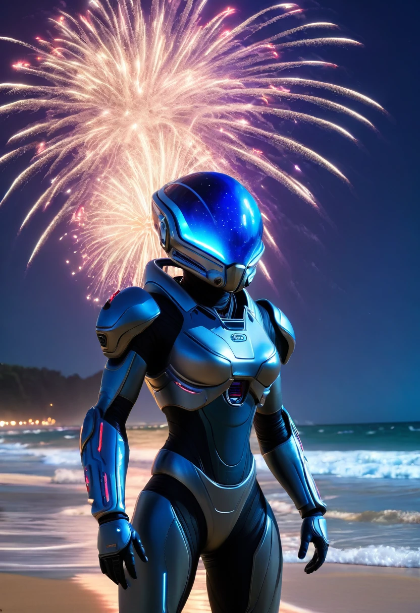 a blue Aliens wearing space suit watching fireworks on the beach on the 4th of July Celibration HDR, vibrant contrast, 32k resolution, luminism lighting techniques, ultra-realistic digital render, bokeh, mass effect, close up black, beauty, pure perfection, divine presence, unforgettable, impressive, breathtaking beauty, Volumetric light, auras, rays, 8k uhd, dslr, soft lighting, high quality, natural textures 8k masterpiece canon eos r4s 50