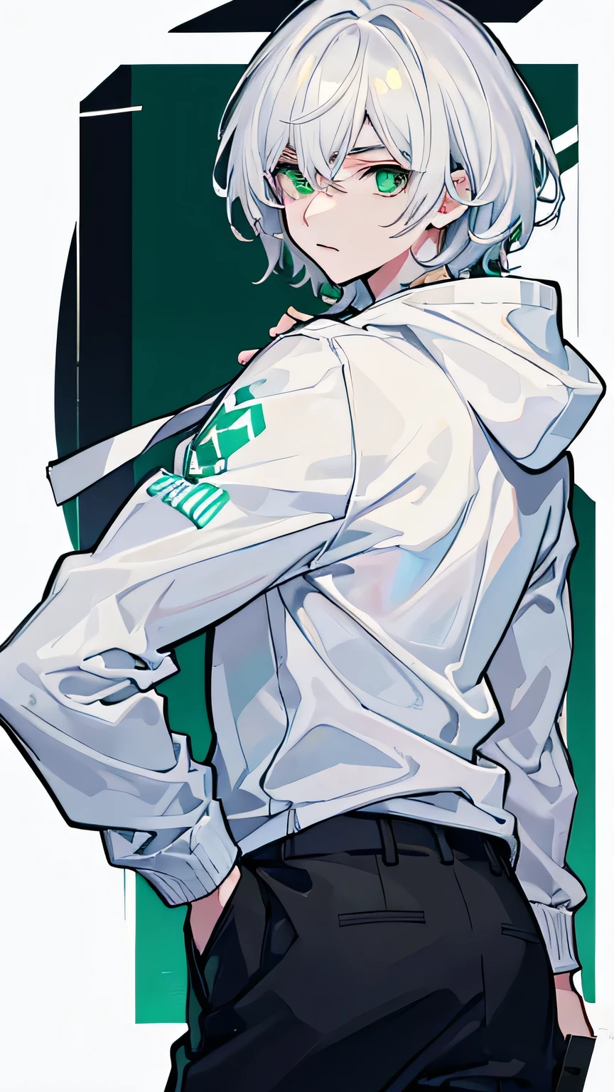 masterpiece, Facial details, Very detailed, 8K, Modern Style, ((One young man)), woman, Short white hair, Green Eyes, White hoodie, Black trousers, I can see the shoes, White Background, joy, looking back, upper body,
