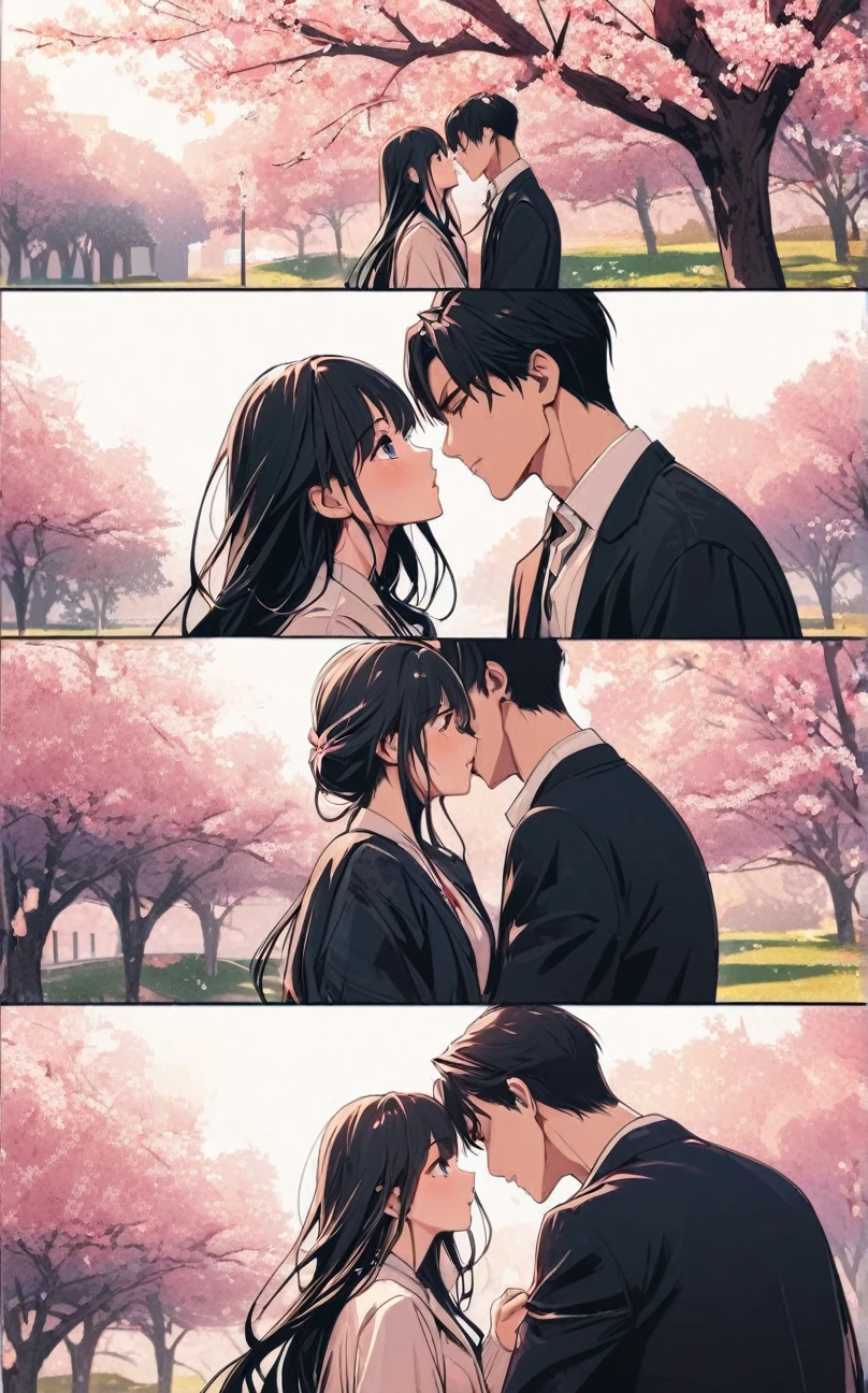 Vector, 8k, high resolution, high quality, romantic couple, lovers , just like in manhwa , young couple, high school, college, rich, romance, eyes open and looking at each other, about to kiss, the couple are standing under a cherry blossom tree in the school garden and the girl was leaning over the boy, flower background, the girl with flowing hair and standing on tiptoes towards the handsome guy