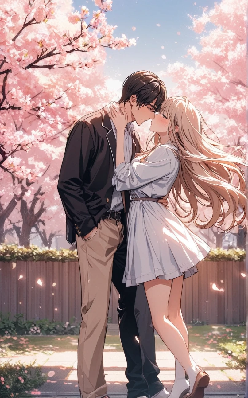 Vector, 8k, high resolution, high quality, romantic couple, lovers , just like in manhwa , young couple, high school, college, rich, romance, eyes open and looking at each other, about to kiss, the couple are standing under a cherry blossom tree in the school garden and the girl was leaning over the boy, flower background, the girl with flowing hair and standing on tiptoes towards the handsome guy