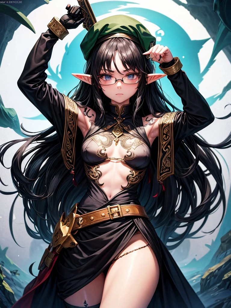  girl,An elf princess ,hat Tattoos,black hair,glasses,Murderer,blob,mean,Solitary,not so permissive,Hateful,black colored clothes