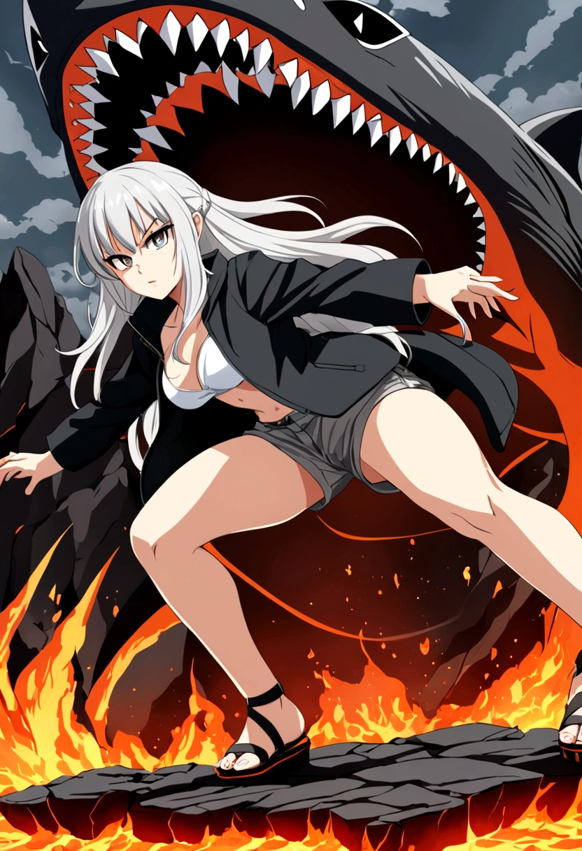anime style girl 1,70 long light gray hair gray skin shark teeth and eyes with black sclera gray irises and light gray pupils very thick and strong legs but without breasts doing a fighting position in a combat arena surrounded by lava while dressed in a thick black jacket and a pair of shorts on my feet, sandals