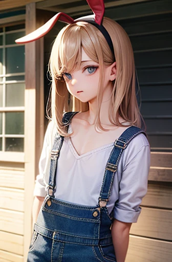 New boy, wearing denim overalls, bunny ears, lovely gaze, in front of your house, A place, overcast day, best qualityer, anime styling