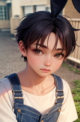 New boy, wearing denim overalls, bunny ears, lovely gaze, chest showing, in front of your house, A place, overcast day, best qualityer, anime styling