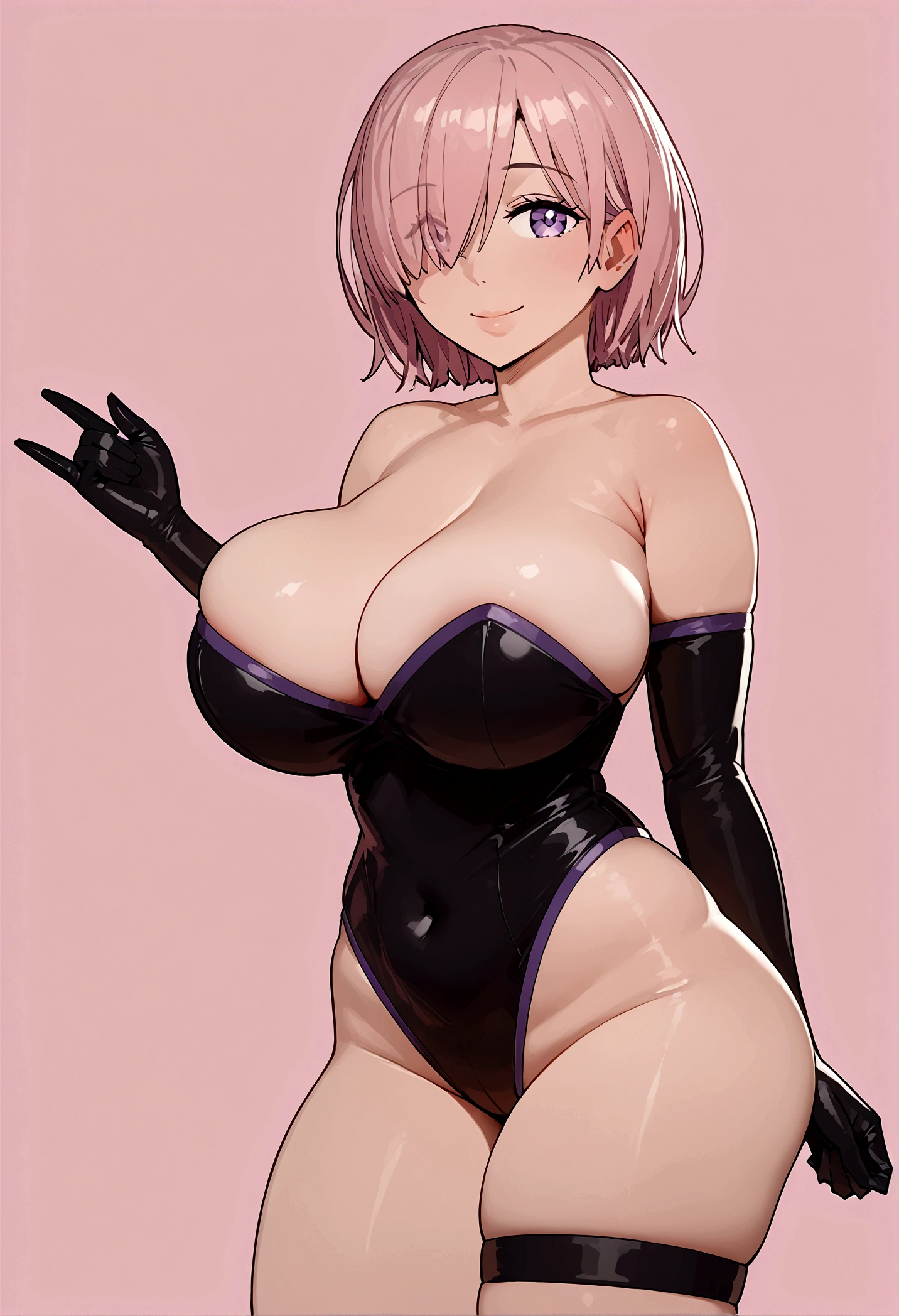 MARE Style, big bouncy breasts, naked , score_9, score_8_up, score_7_up, source_anime BREAK 1girl, solo, looking at viewer, detailed background, Mash Kyrielight, pink hair, hair over one eye, large breasts, leotard, navel, thigh strap, elbow gloves, cleavage, smile, curvy, anime artwork, Big hips, High quality, Smile, masterpiece, best quality