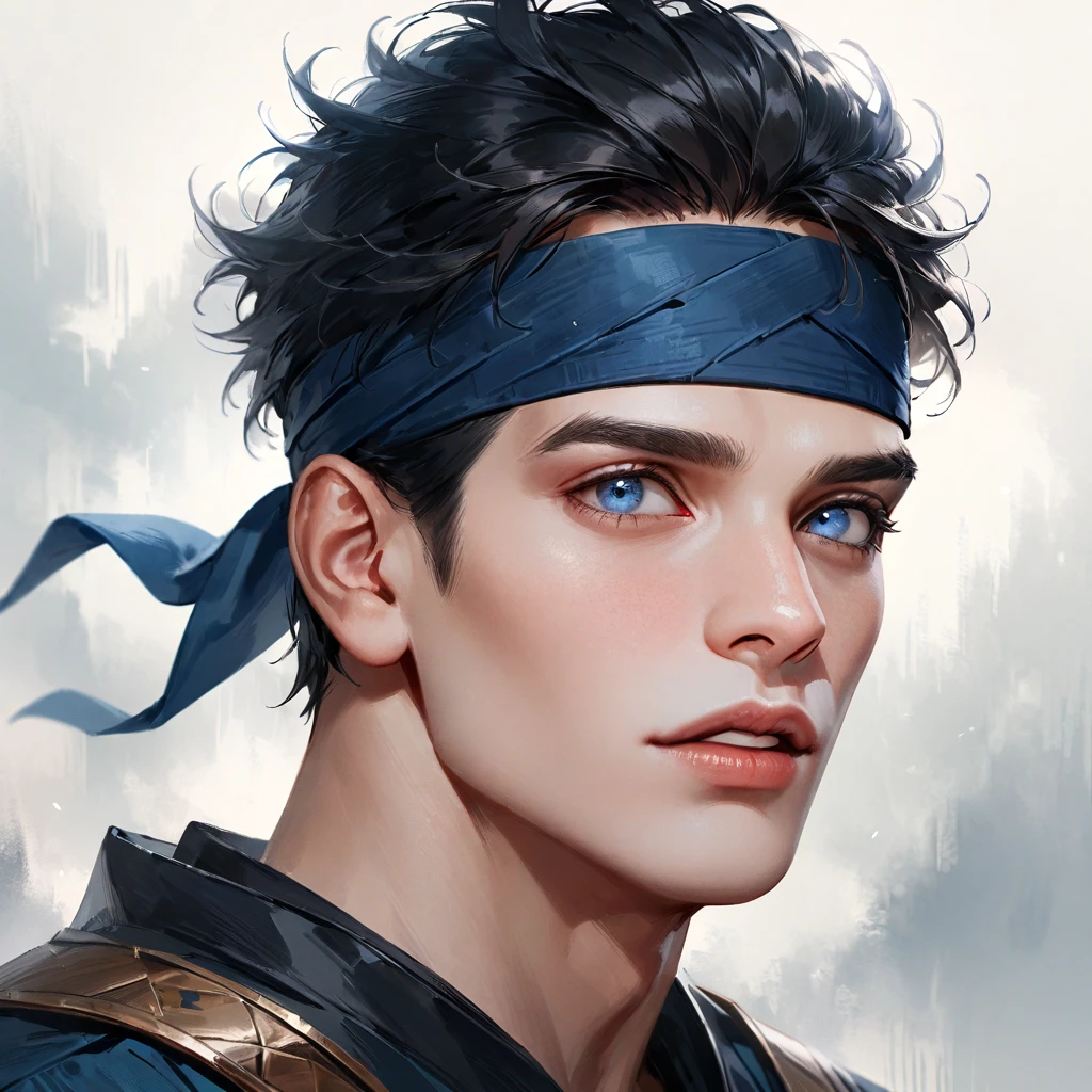 1boy, solo, male focus, headband, blue eyes, black hair, realistic, portrait, parted lips, ((medium quality)), ((medium quality))