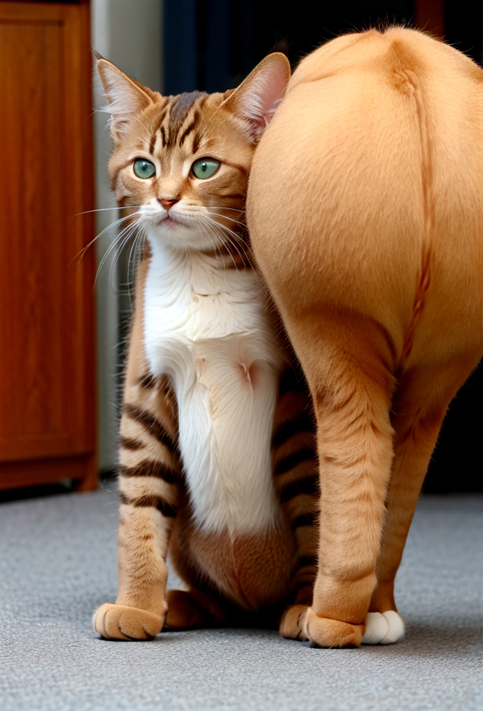 Cat standing on its hind legs、1 kitten、anime、Cute Cat、Brown Hair、Young cat、Wearing clothes、Anthropomorphic cat