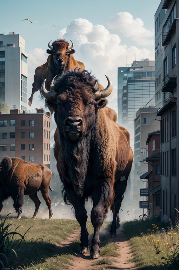 there is a bison standing in a field with a city in the background, buffalo, bison god, double exposure effect, digital art animal photo, double exposure photography, best on adobe stock, wildlife illustration, double exposure, inspired by Giuseppe Bernardino Bison, by Jakob Gauermann, double - exposure, double-exposure, highly detailed digital artwork, by Kurt Roesch