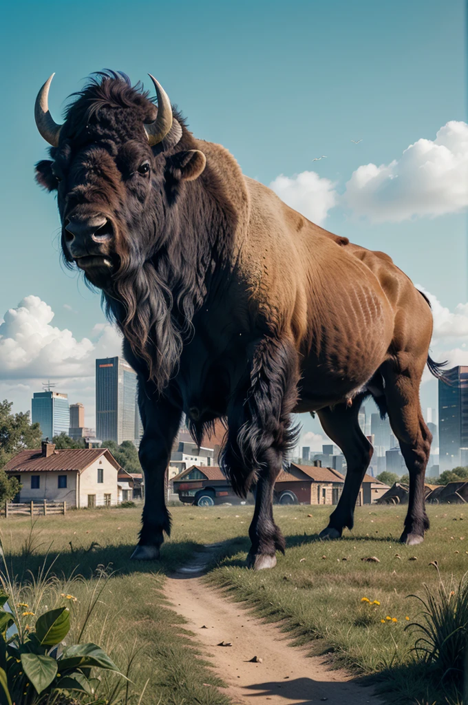 there is a bison standing in a field with a city in the background, buffalo, bison god, double exposure effect, digital art animal photo, double exposure photography, best on adobe stock, wildlife illustration, double exposure, inspired by Giuseppe Bernardino Bison, by Jakob Gauermann, double - exposure, double-exposure, highly detailed digital artwork, by Kurt Roesch