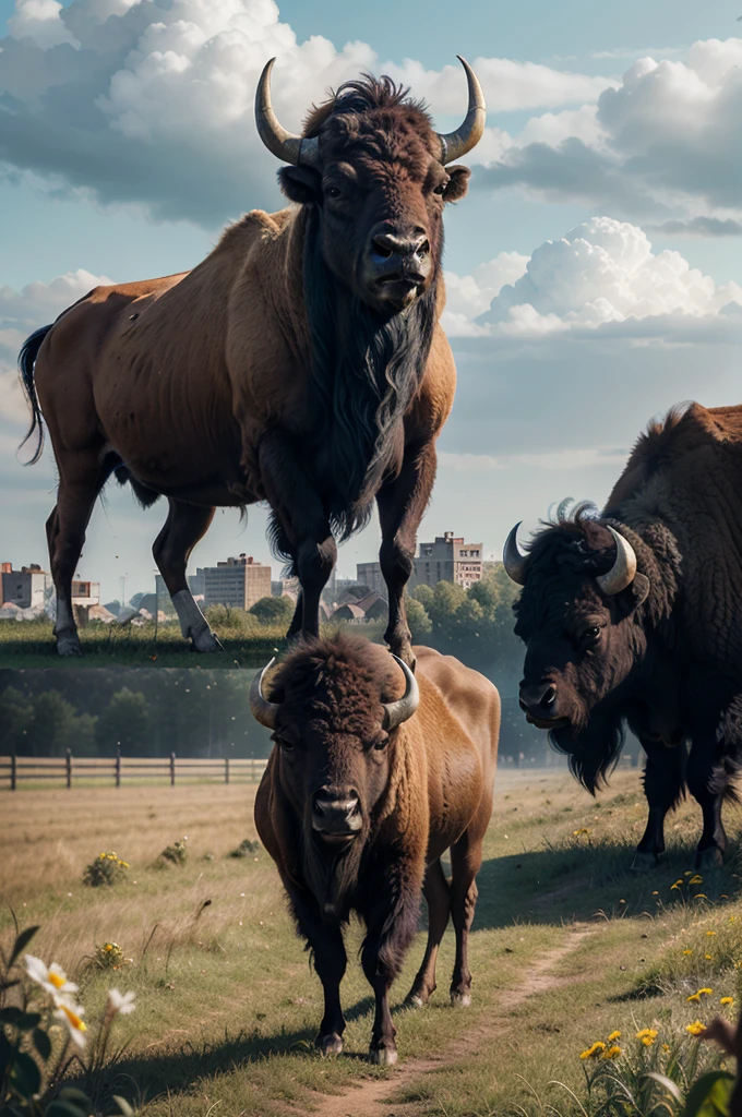 there is a bison standing in a field with a city in the background, buffalo, bison god, double exposure effect, digital art animal photo, double exposure photography, best on adobe stock, wildlife illustration, double exposure, inspired by Giuseppe Bernardino Bison, by Jakob Gauermann, double - exposure, double-exposure, highly detailed digital artwork, by Kurt Roesch