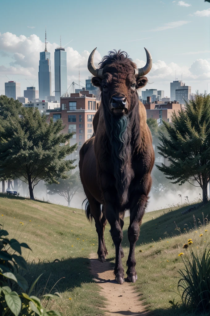 there is a bison standing in a field with a city in the background, buffalo, bison god, double exposure effect, digital art animal photo, double exposure photography, best on adobe stock, wildlife illustration, double exposure, inspired by Giuseppe Bernardino Bison, by Jakob Gauermann, double - exposure, double-exposure, highly detailed digital artwork, by Kurt Roesch