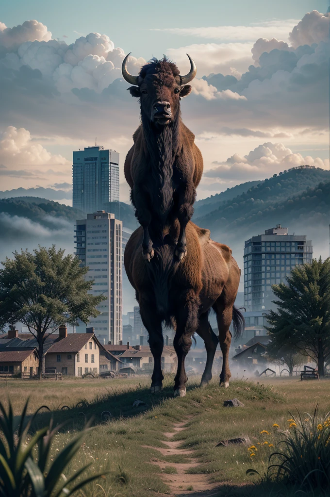 there is a bison standing in a field with a city in the background, buffalo, bison god, double exposure effect, digital art animal photo, double exposure photography, best on adobe stock, wildlife illustration, double exposure, inspired by Giuseppe Bernardino Bison, by Jakob Gauermann, double - exposure, double-exposure, highly detailed digital artwork, by Kurt Roesch