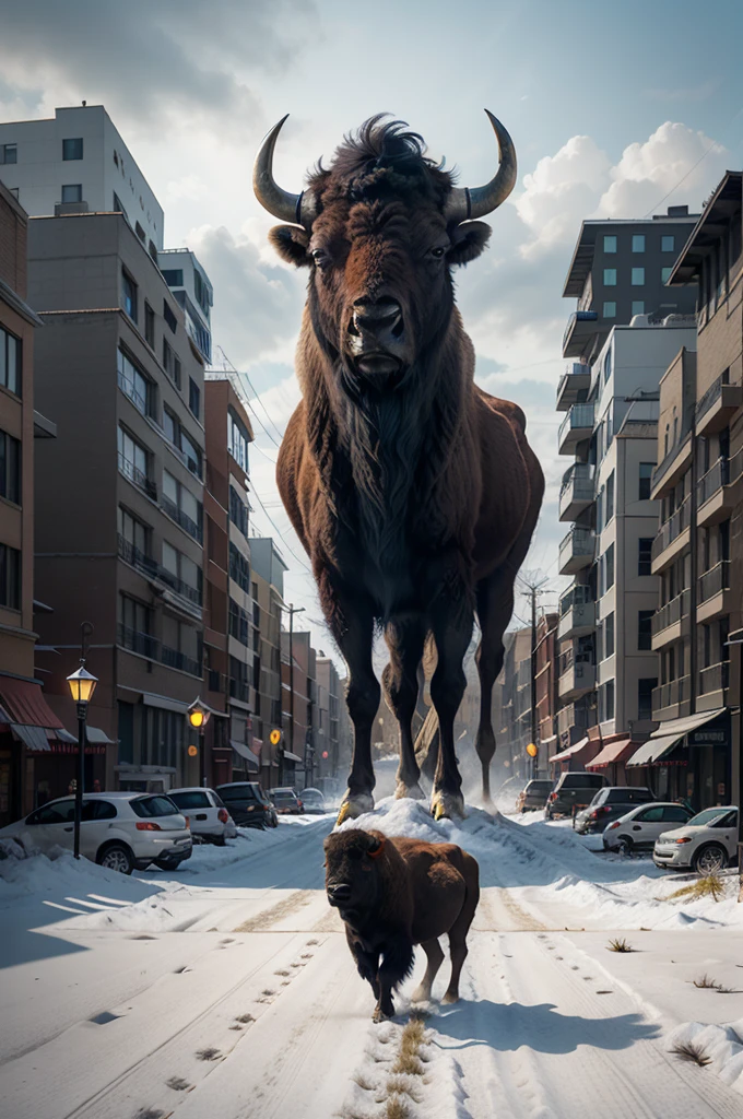 there is a bison standing in a field with a city in the background, buffalo, bison god, double exposure effect, digital art animal photo, double exposure photography, best on adobe stock, wildlife illustration, double exposure, inspired by Giuseppe Bernardino Bison, by Jakob Gauermann, double - exposure, double-exposure, highly detailed digital artwork, by Kurt Roesch