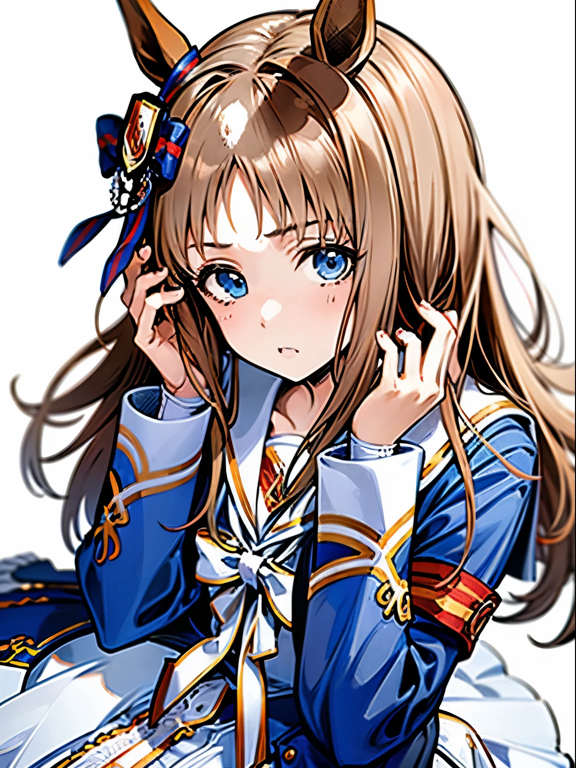 grass wonder \(umamusume\), 1 girl, Solo, Cute Girl,Best Quality, Ultra-detailed, 8K, High resolution, detailed face, sitting, blue jacket, sailor collared jacket, white skirt,