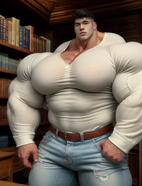 1boy, giant, alone, giant bodybuilder, wet, illuminating light, strong body, bulk, large size, stay in the bookshelf room, indoor, wear white henley shirt and jean pants, massive bulge, bulge, extraordinary big, brutalmass, giant muscular body, bulk, buff, massive body, large meaty body size, extremely wide body,