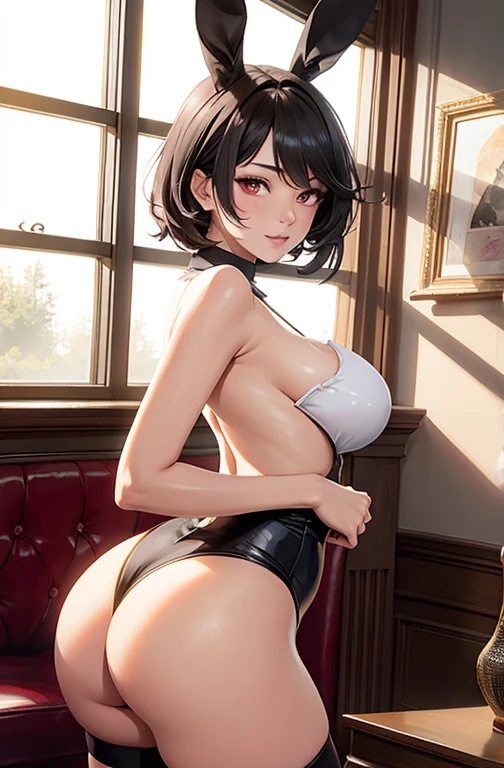 masterpiece, best quality, best lighting, shadows, portrait, perfect anatomy, bitchy, 1 girl, adult anime girl, 21 years old, bunny girl, bunny uniform, allure, erotic, mature features, pretty face, pretty lips, pretty eyes, black short hair, red eyes, seductive eyes, blushing, flirty, pretty smile, huge ass, breast, thighs, seductive, spicy, hot, flirty, nsfw,