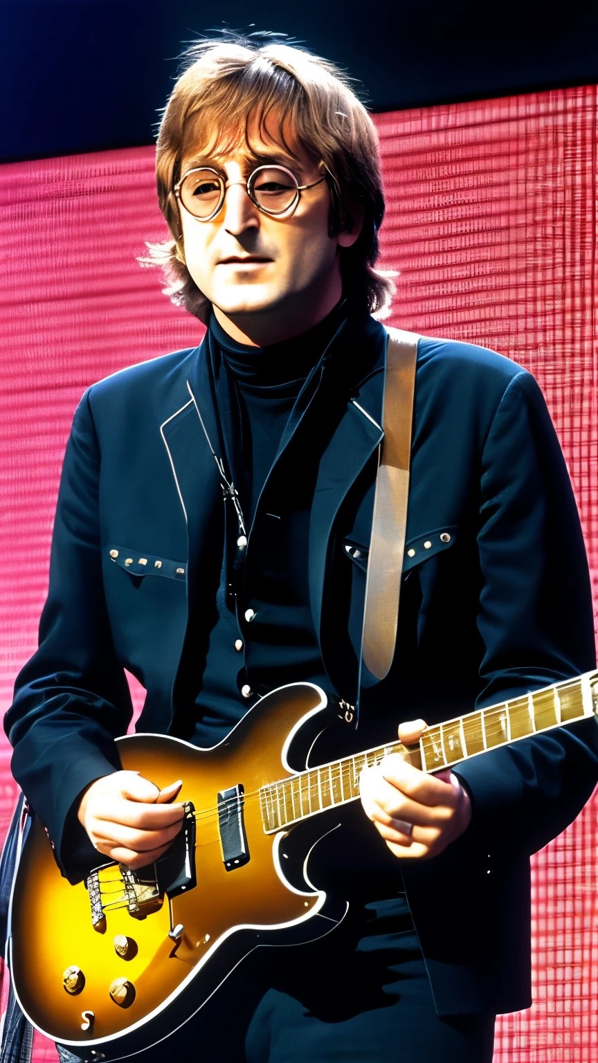 create john lennon featured playing electric guitar , no palco com THE BEATLES, 8K, uhd, realisitic