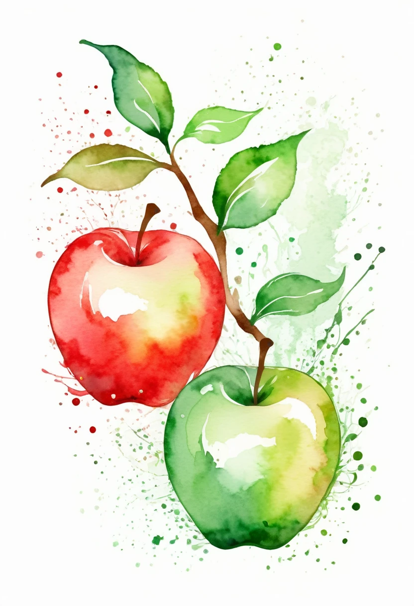 image of 2 apples ,one red ,one green , in a whimsical watercolor painting style ,contour image,vector image