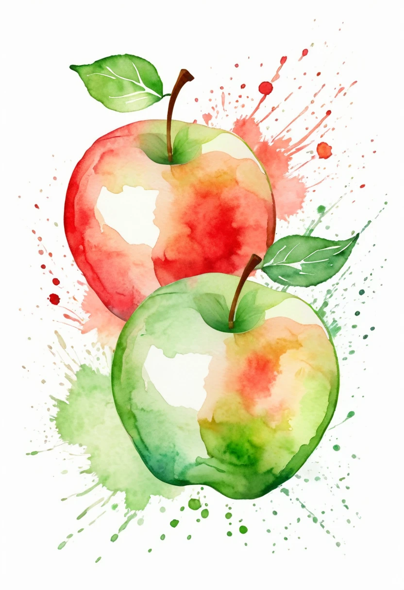 image of 2 apples ,one red ,one green , in a whimsical watercolor painting style ,contour image,vector image