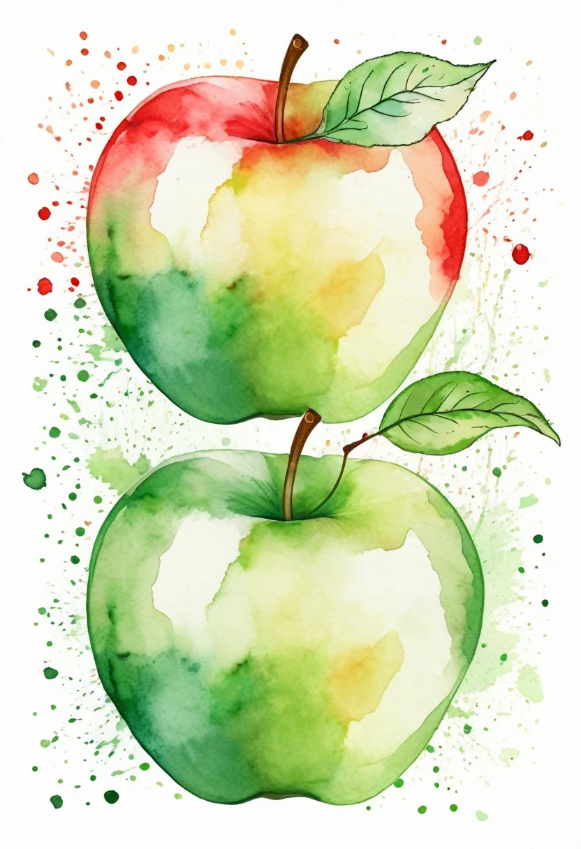 image of 2 apples ,one red ,one green , in a whimsical watercolor painting style ,contour image,vector image