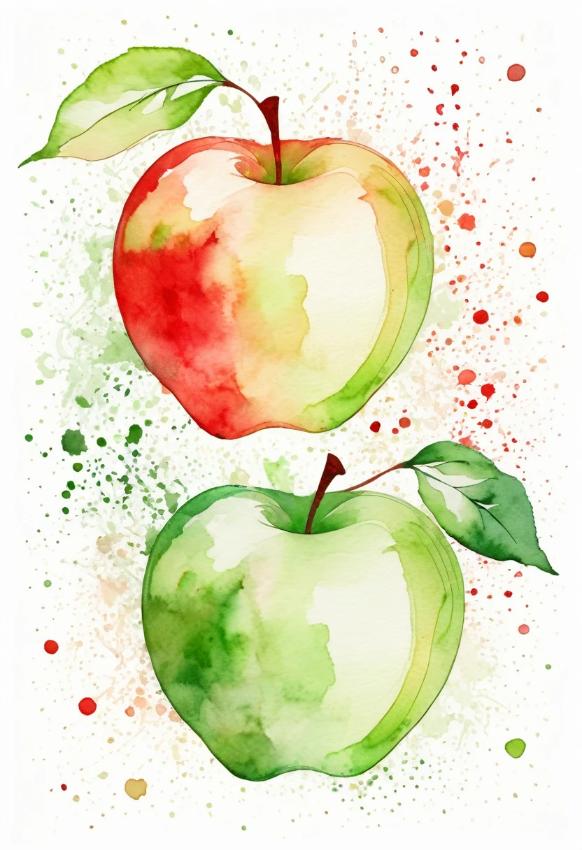 image of 2 apples ,one red ,one green , in a whimsical watercolor painting style ,contour image,vector image