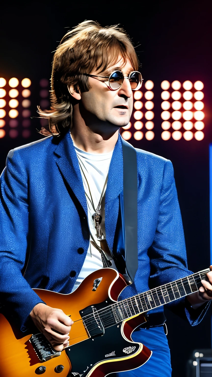 create john lennon featured playing electric guitar , no palco com THE BEATLES, 8K, uhd, realisitic