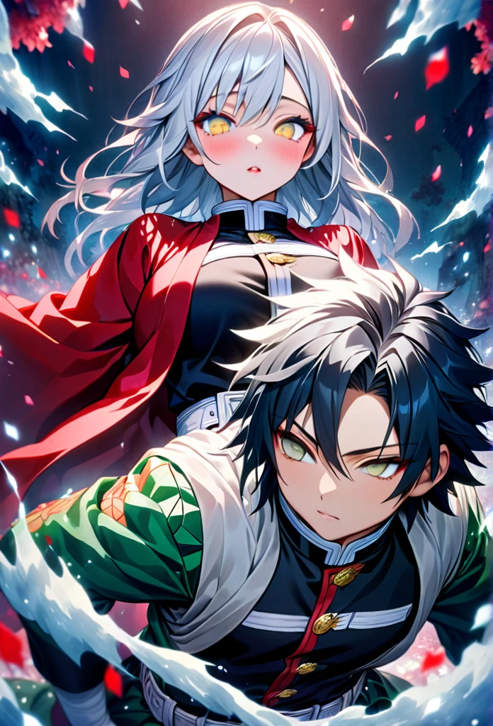 Ultra detailed, high resolution, absurd, HDR, masterpiece, anime girl and boy, beautiful woman (with long white hair with deep red streaks, woman (with yellow eyes), the woman (is wearing a red haori), in black demon slayer corps uniform, Kimetsu No Yaiba, fantasy, handsome, Tomioka Giyu, Hashira, Tomioka is serious, couple, night, forest, best quality, extremely detailed face, anime, the girl is really hurt, the girl is covered in blood , Tomioka is a strong man, the girl have a feral expression, Tomioka is trying to protect the pretty girl