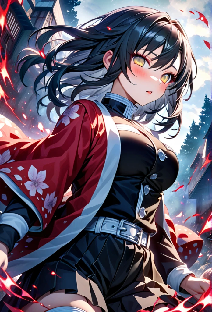 Ultra detailed, high resolution, absurd, HDR, masterpiece, anime girl and boy, beautiful woman (with long white hair with deep red streaks, woman (with yellow eyes), the woman (is wearing a red haori), in black demon slayer corps uniform, Kimetsu No Yaiba, fantasy, handsome, Tomioka Giyu, Hashira, Tomioka is serious, couple, night, forest, best quality, extremely detailed face, anime, the girl is really hurt, the girl is covered in blood , Tomioka is a strong man, the girl have a feral expression, Tomioka is trying to protect the pretty girl