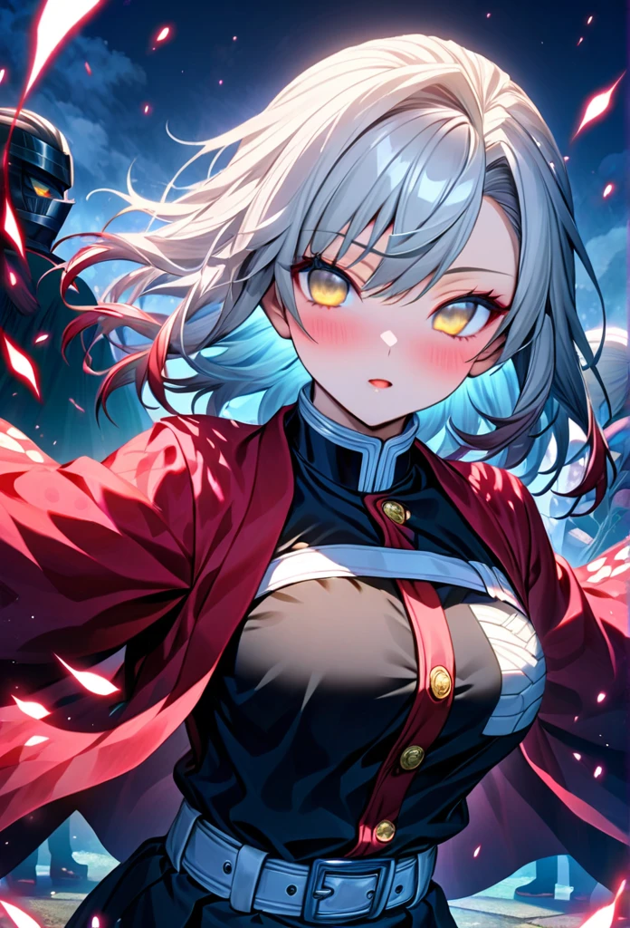 Ultra detailed, high resolution, absurd, HDR, masterpiece, anime girl and boy, beautiful woman (with long white hair with deep red streaks, woman (with yellow eyes), the woman (is wearing a red haori), in black demon slayer corps uniform, Kimetsu No Yaiba, fantasy, handsome, Tomioka Giyu, Hashira, Tomioka is serious, couple, night, forest, best quality, extremely detailed face, anime, the girl is really hurt, the girl is covered in blood , Tomioka is a strong man, the girl have a feral expression, Tomioka is trying to protect the pretty girl