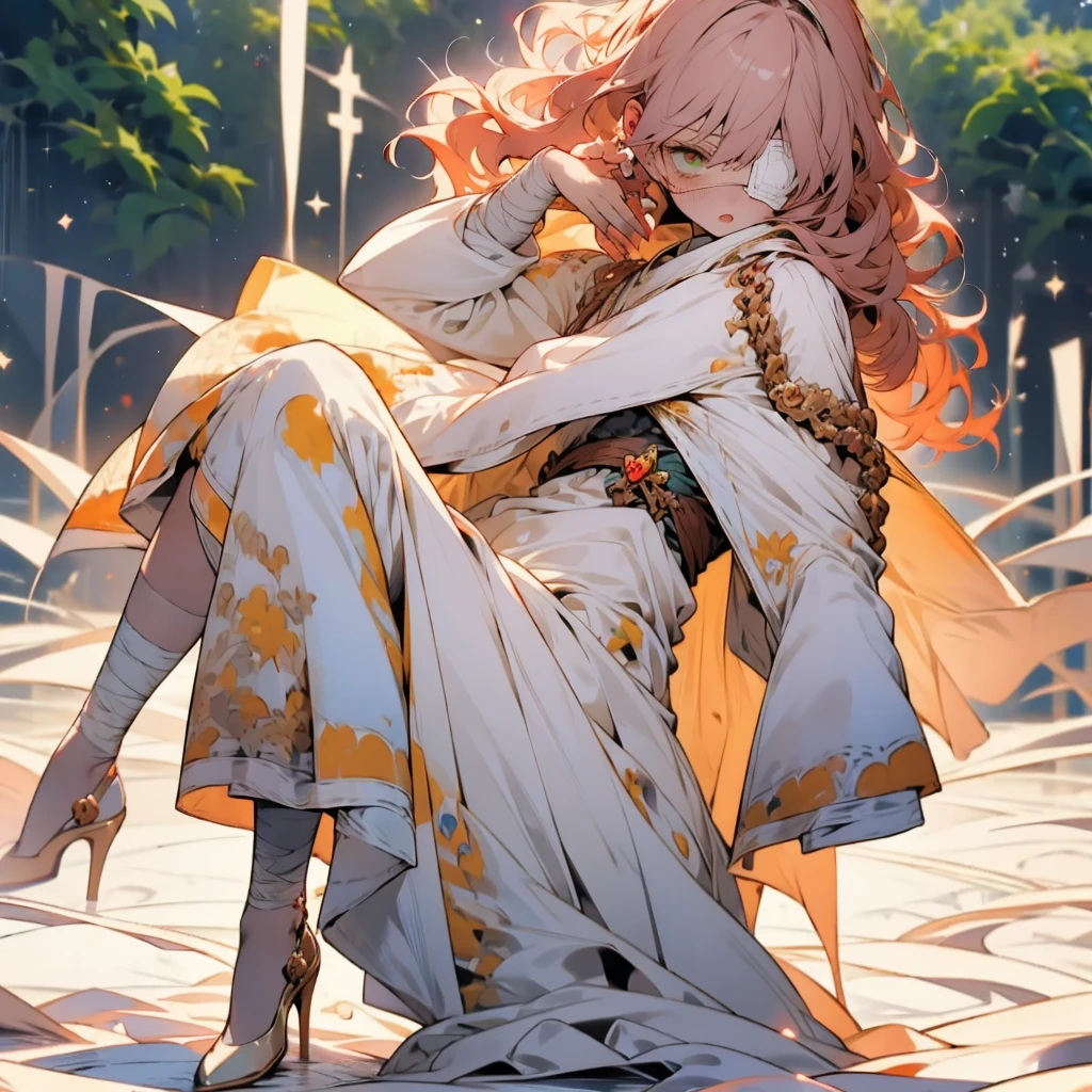 ((1Girl)) ((Princess)) ((Bandages)) ((Eye patch))
Long curly brunette hair, she has pale skin, with green eyes, she wears bandages covering her arms, and legs hiding the self-harm cuts and scars, she enjoys dressing in colorful princess dresses, usually wearing bright pinks, or yellows, she has an eyepatch on over her right eye due to having her right eye taken from here by her father, the king, she wears light makeup, she likes wearing ruffle socks, and slip on shoes, her knees are usually covered in dirt, she is 20 years old, and 5’0