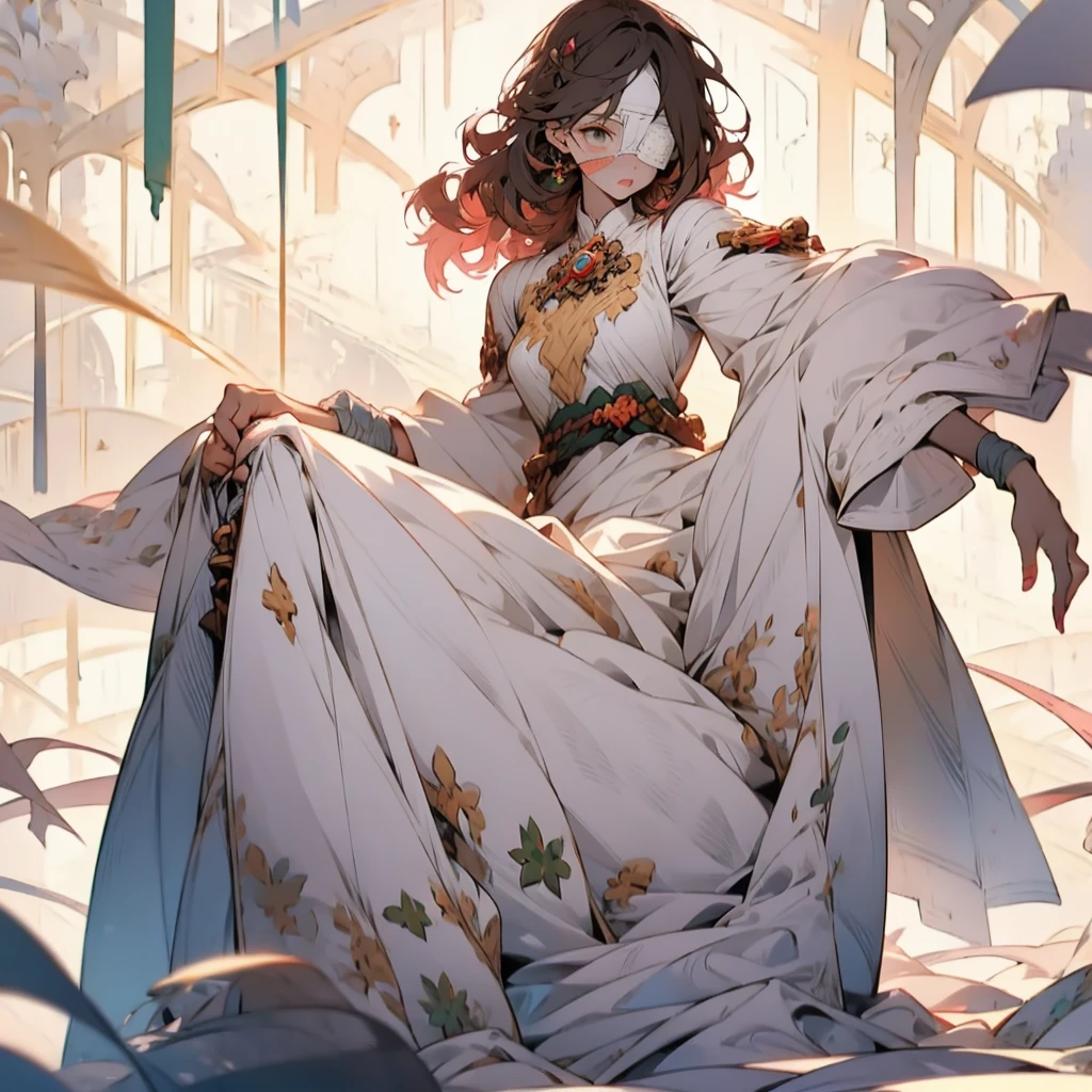 ((1Girl)) ((Princess)) ((Bandages)) ((Eye patch))
Long curly brunette hair, she has pale skin, with green eyes, she wears bandages covering her arms, and legs hiding the self-harm cuts and scars, she enjoys dressing in colorful princess dresses, usually wearing bright pinks, or yellows, she has an eyepatch on over her right eye due to having her right eye taken from here by her father, the king, she wears light makeup, she likes wearing ruffle socks, and slip on shoes, her knees are usually covered in dirt, she is 20 years old, and 5’0
