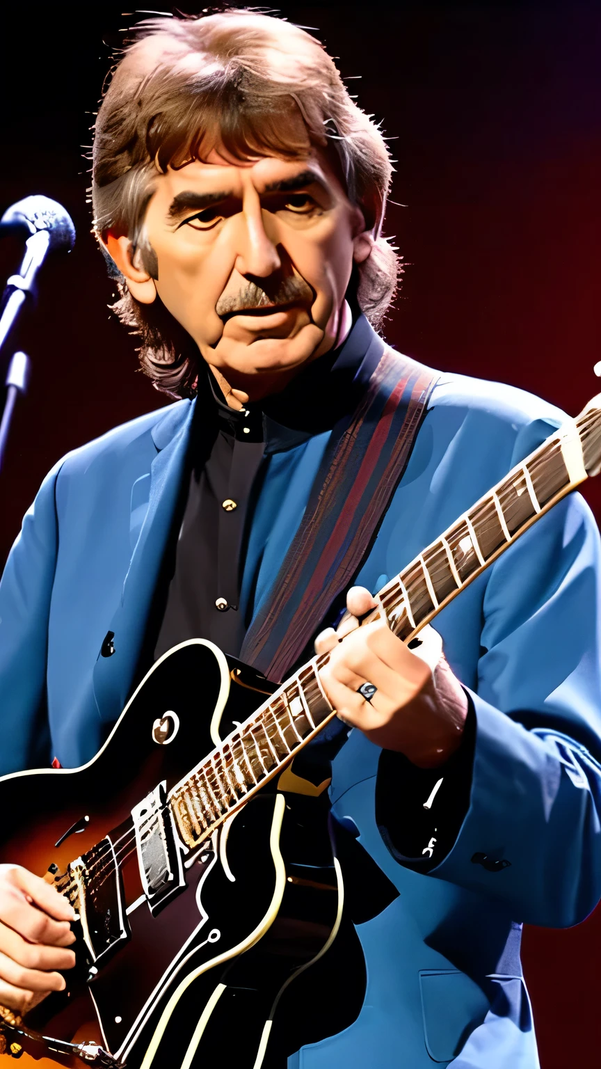 create George harrison featured playing electric guitar , no palco com THE BEATLES, 8K, uhd, realisitic