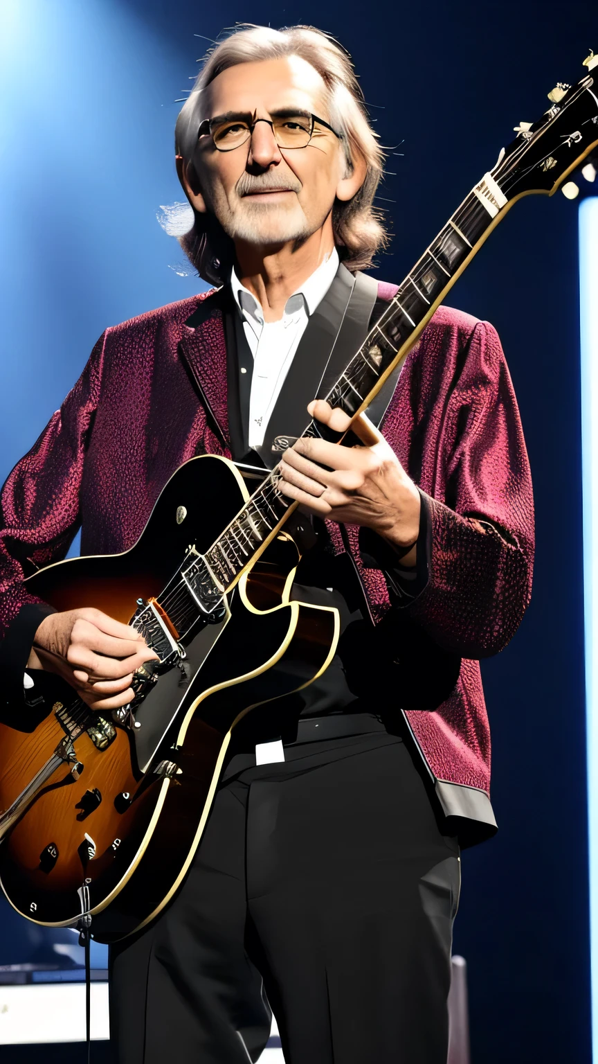 create George harrison featured playing electric guitar , no palco com THE BEATLES, 8K, uhd, realisitic